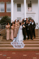 Wedding party on the steps of a brick building, the bride's veil trailing down